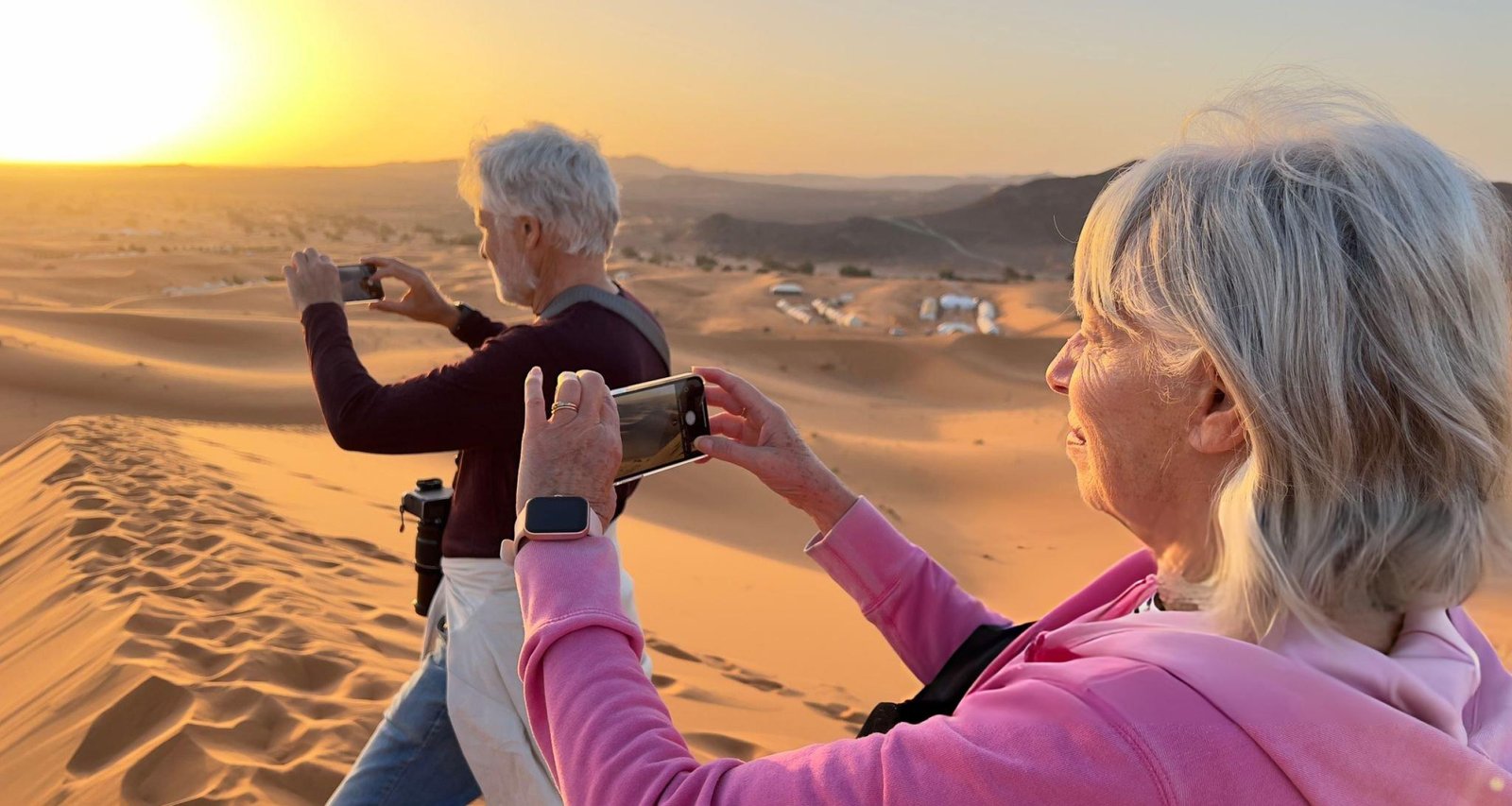 Senior travelers enjoying a private Sahara desert tour in Morocco